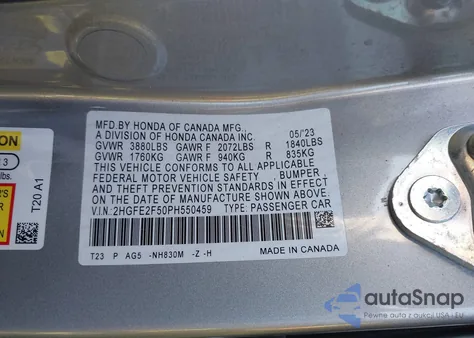 2023 Honda Civic Sport z USA, uszkodzony, nr VIN 2HGFE2F50PH550459